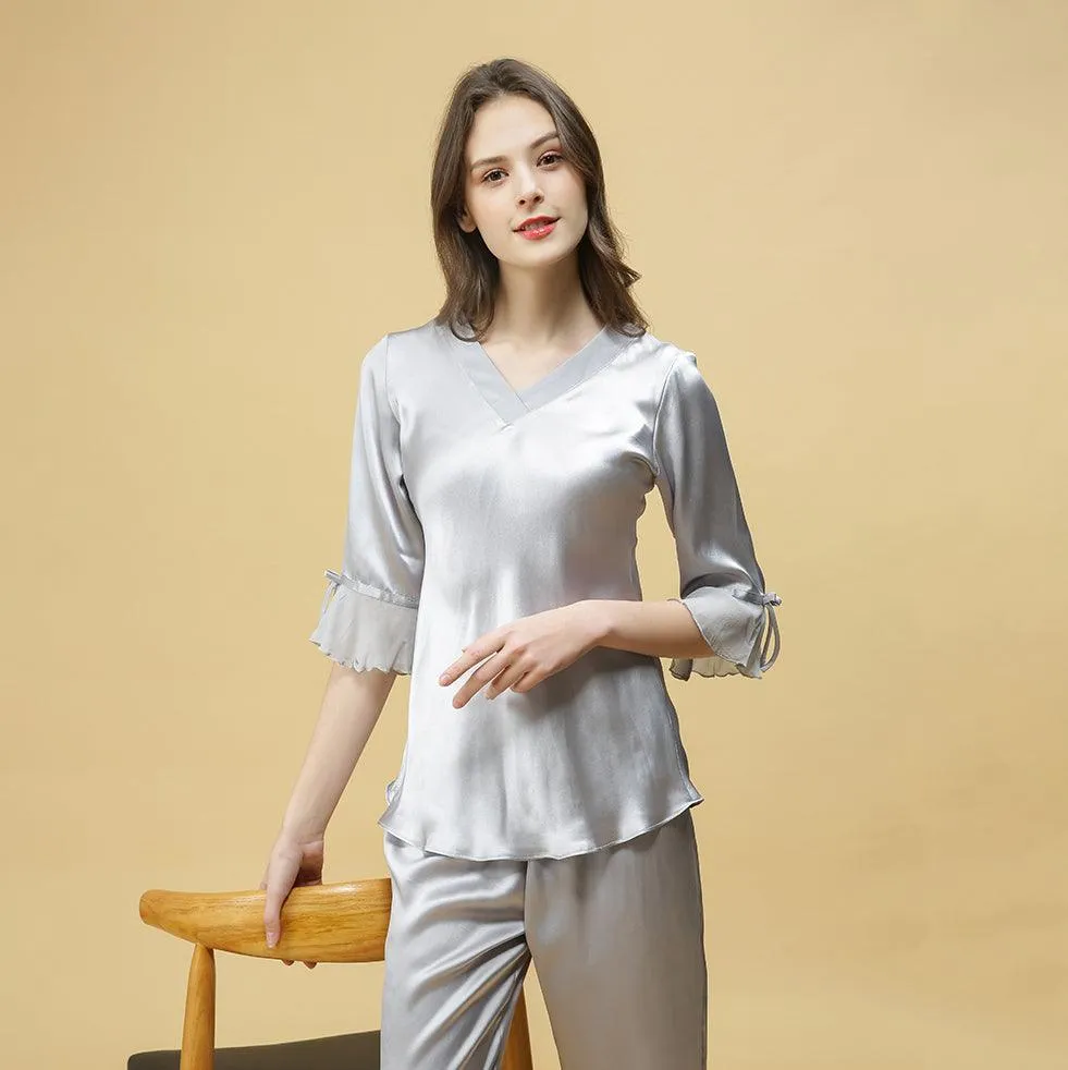 Spring new Silk Pajamas Set 22 Momme Silk Sleepwear Pullover & Long pants Set