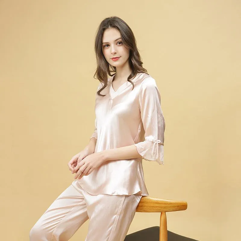 Spring new Silk Pajamas Set 22 Momme Silk Sleepwear Pullover & Long pants Set