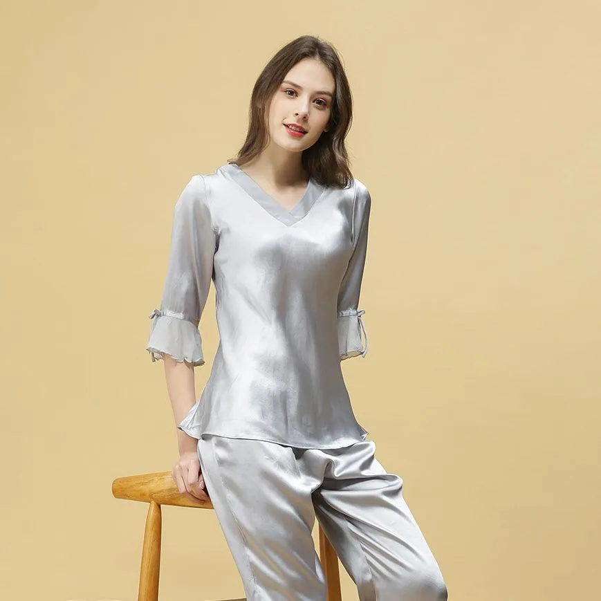 Spring new Silk Pajamas Set 22 Momme Silk Sleepwear Pullover & Long pants Set