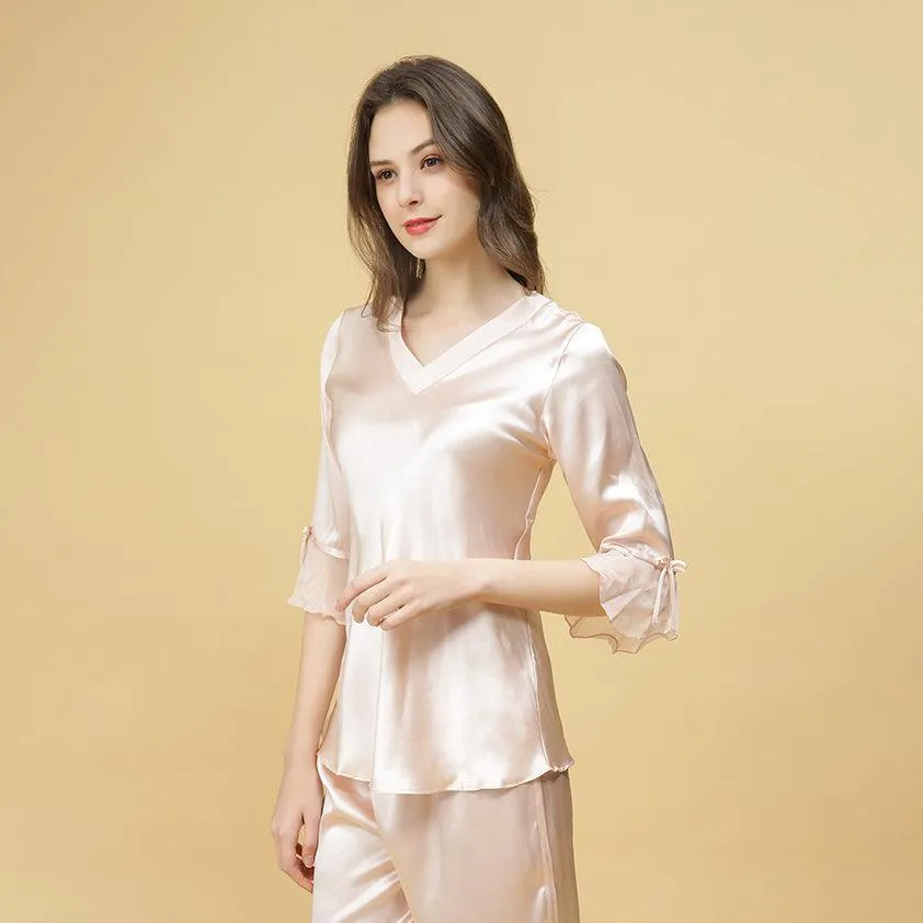 Spring new Silk Pajamas Set 22 Momme Silk Sleepwear Pullover & Long pants Set