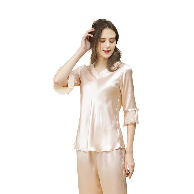 Spring new Silk Pajamas Set 22 Momme Silk Sleepwear Pullover & Long pants Set