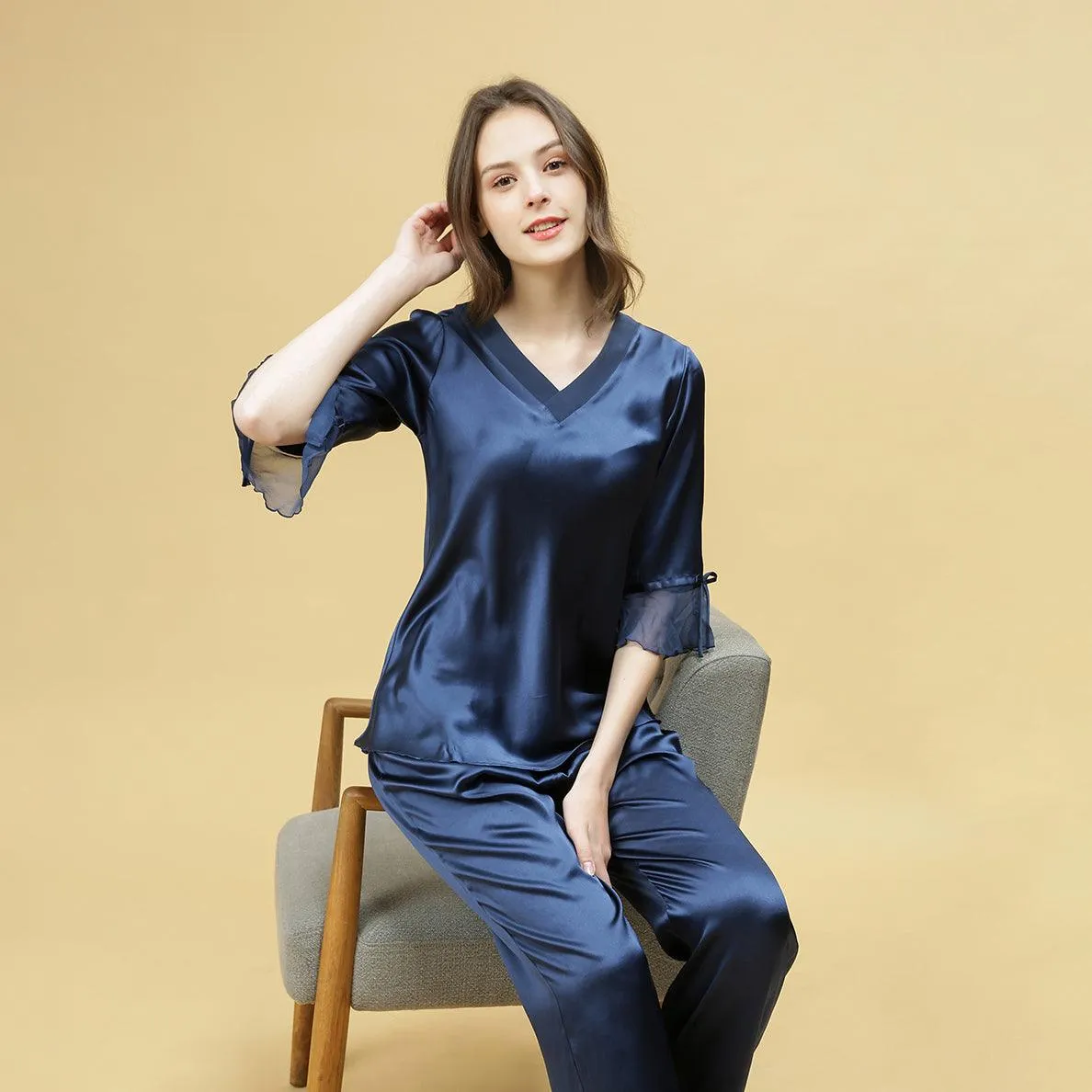 Spring new Silk Pajamas Set 22 Momme Silk Sleepwear Pullover & Long pants Set