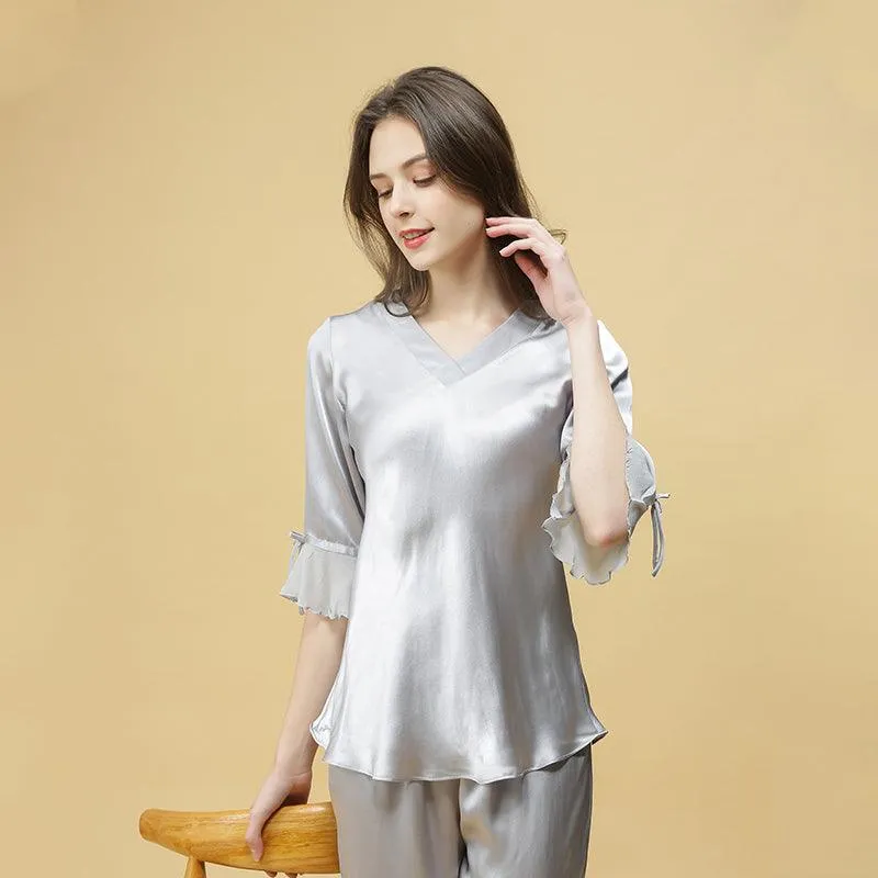 Spring new Silk Pajamas Set 22 Momme Silk Sleepwear Pullover & Long pants Set