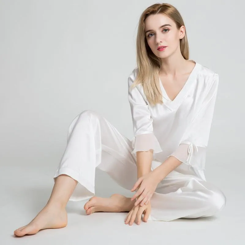 Spring new Silk Pajamas Set 22 Momme Silk Sleepwear Pullover & Long pants Set