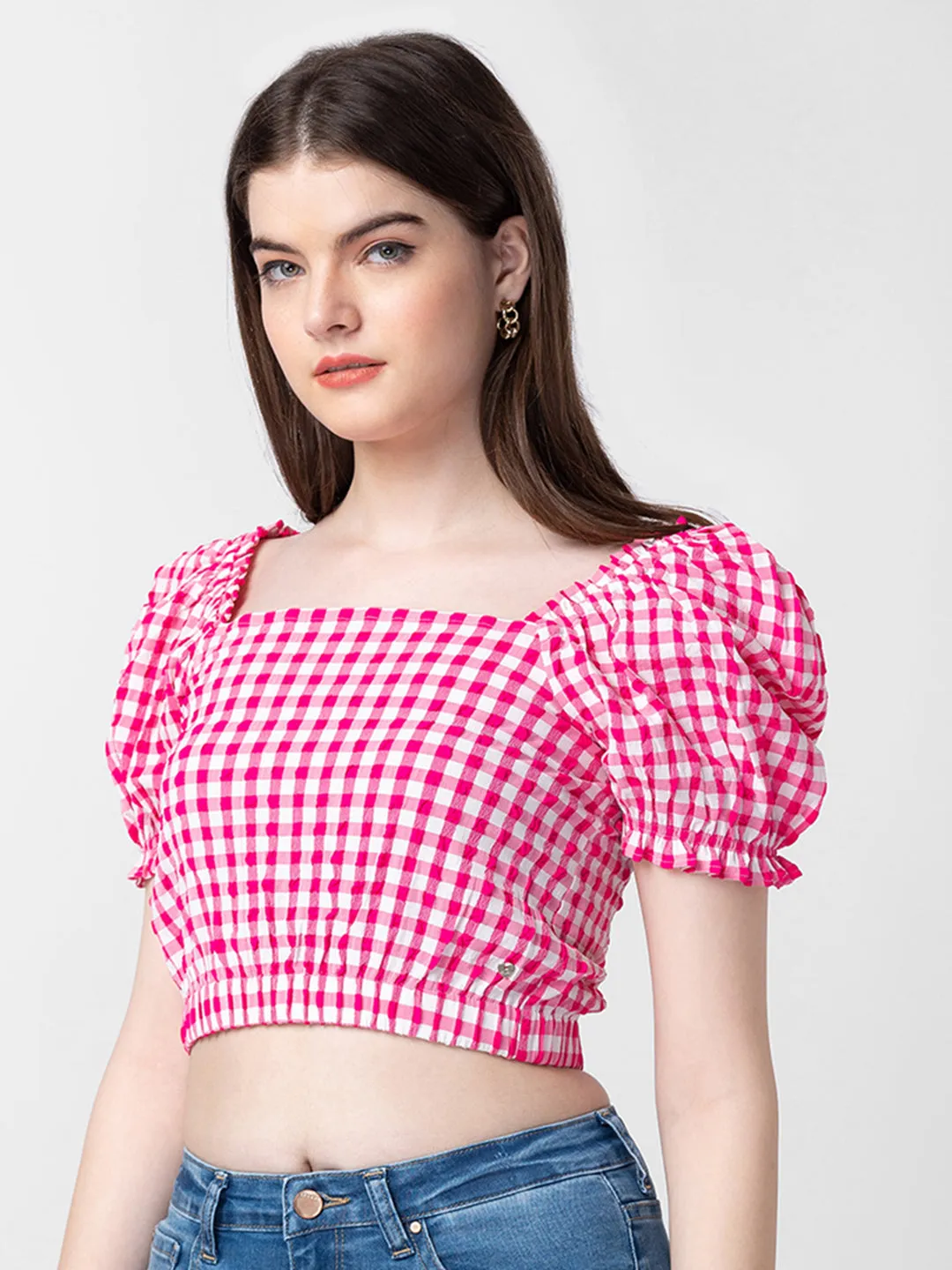 Spykar Women Fuschia Pink Cotton Checkered Crop Top