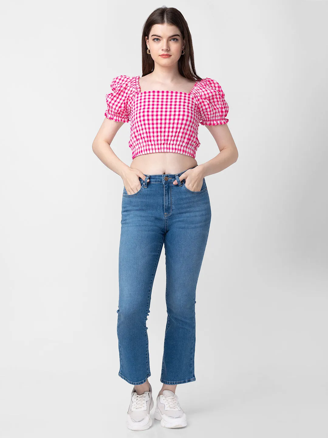 Spykar Women Fuschia Pink Cotton Checkered Crop Top