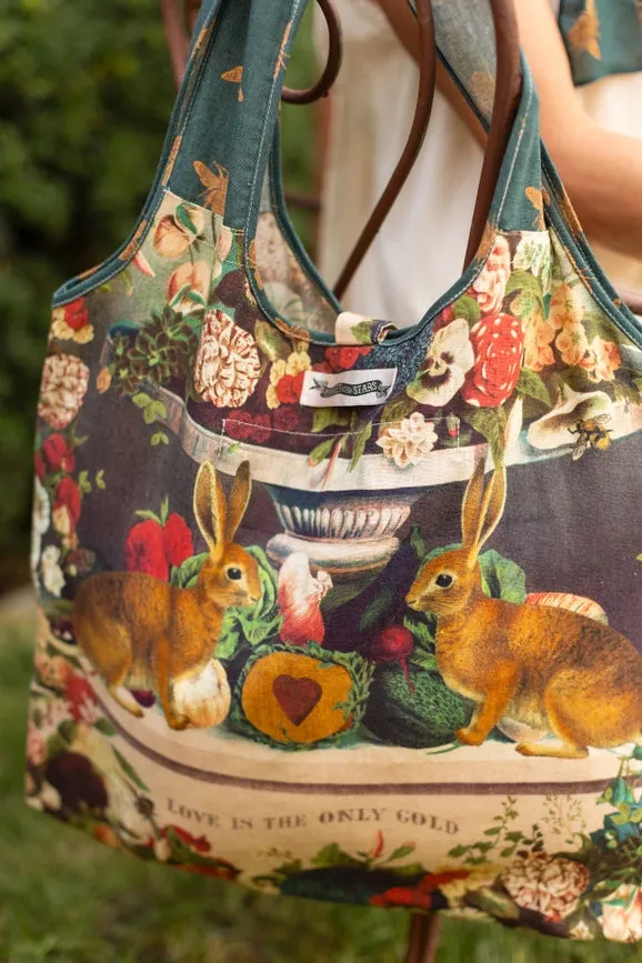 Stay Gold Boho Linen Tote Bag with Rabbit & Bees