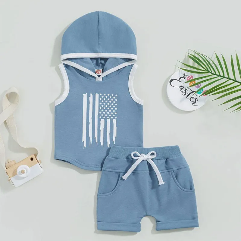 Toddler Boys 2Pcs Outfit Tank Top Flag Stripe Stars Print Hooded Top and Drawstring Shorts