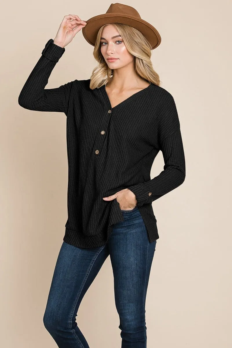 Waffle Brushed V Neck Knit Henley Sweater Sweatshirts