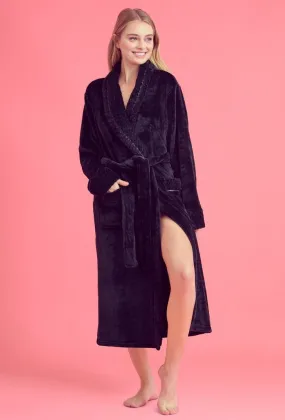 Women Plush Shawl Collar Robe, Luxury & Comfort, Lightweight & Soft, (Black)