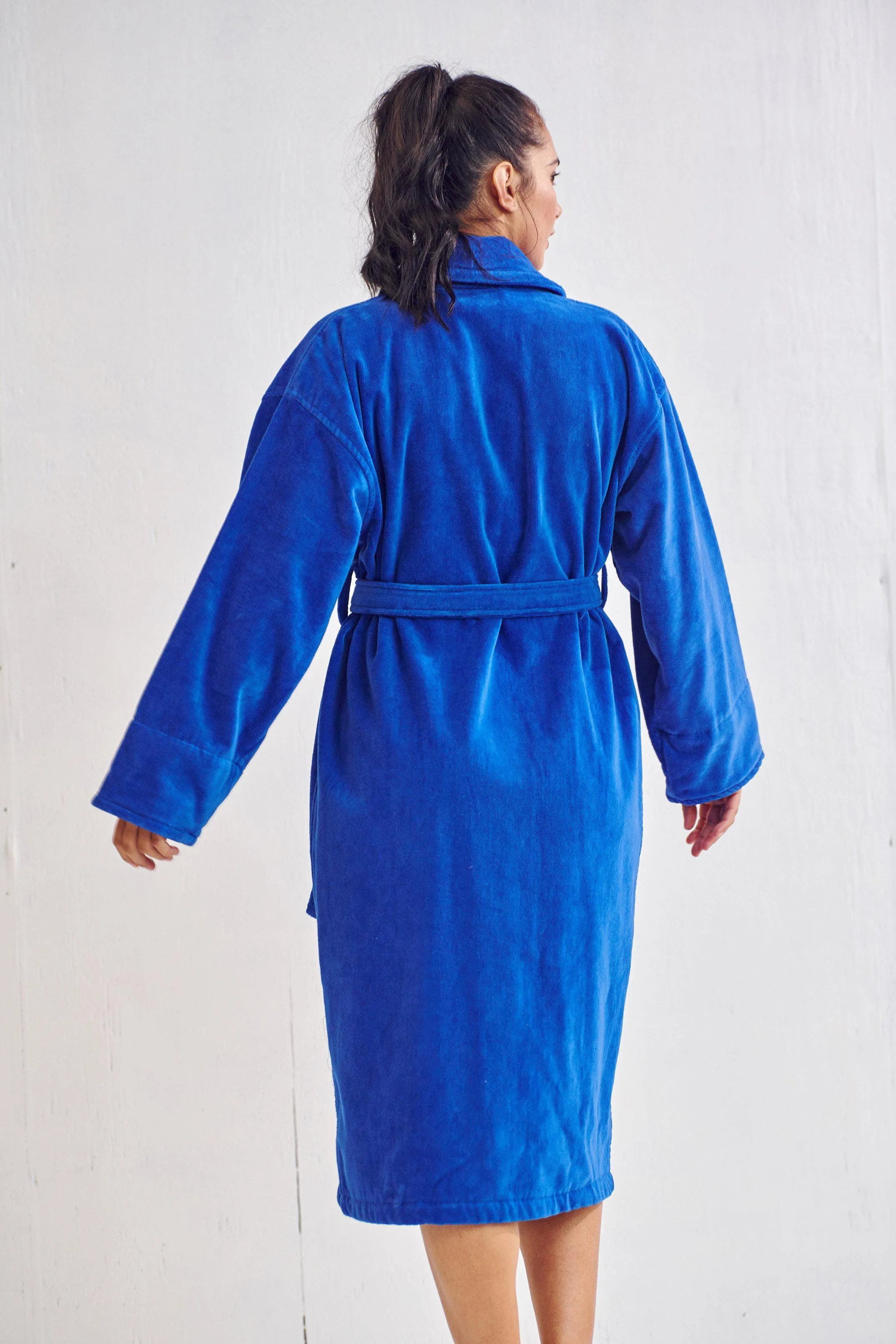 Women's Plush Bathrobe, Cotton Turkish Velour Shawl Collar, Luxury & Comfortable Robe, (Royal Blue)